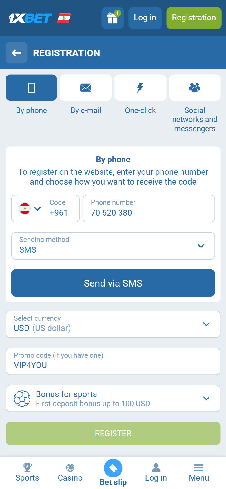 1xBet international registration — USD wallet and VIP4YOU in the promo box 1xBet international registration — USD wallet and VIP4YOU in the promo box